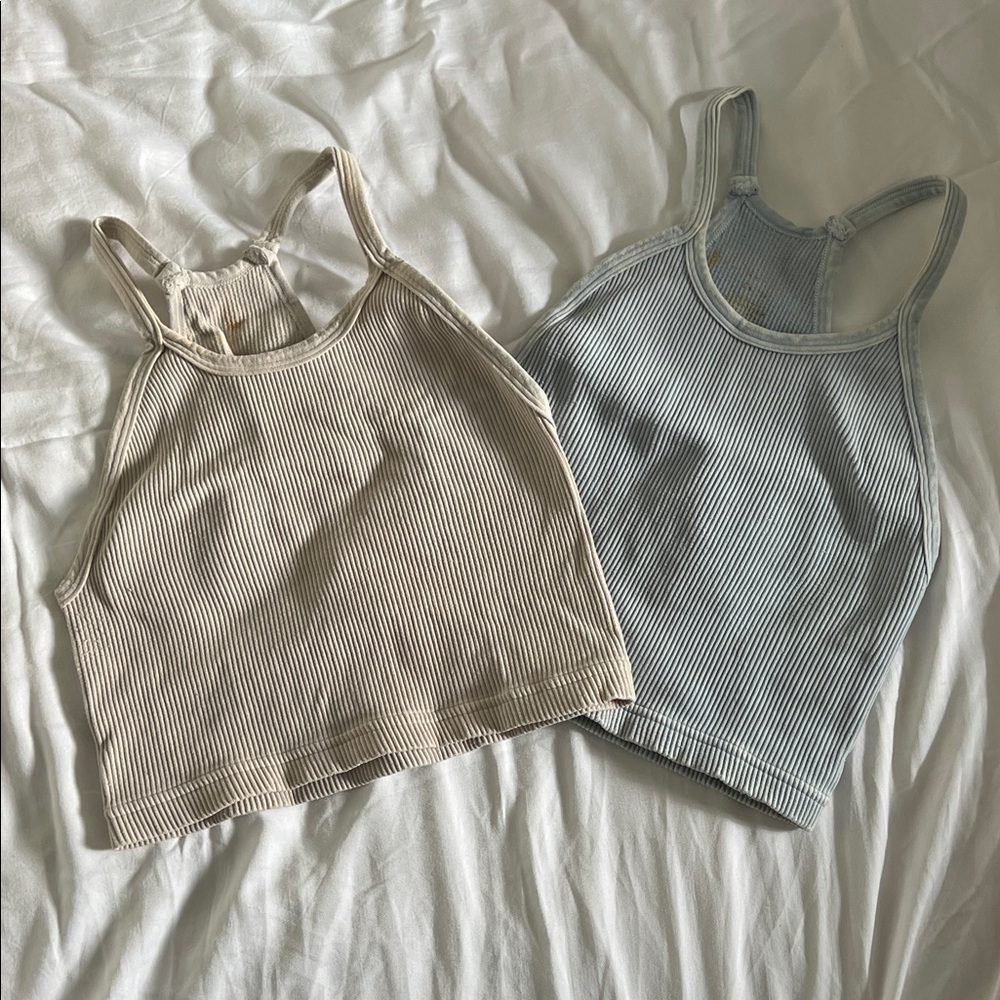 Free People Movement Ribbed Tank Top Set - Beige and Light Blue